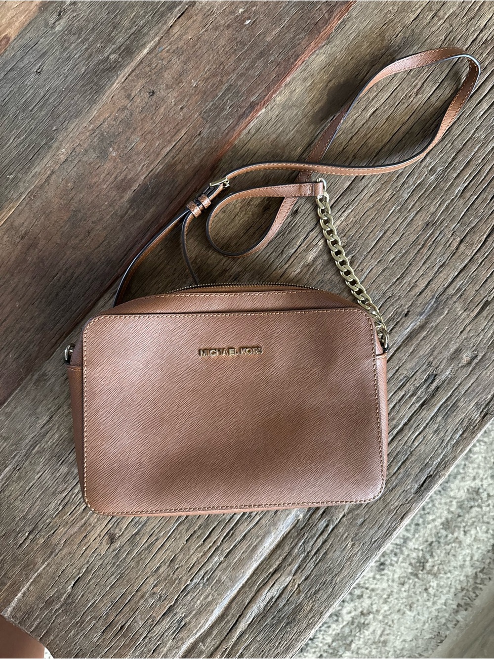 MICHAEL KORS Tan Saffiano Leather Crossbody with Gold Hardware